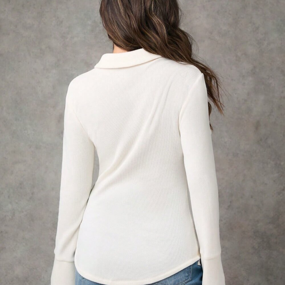Beige Casual Women's Knitted Wool Blend Long Sleeve Button Down Blouse - Picture 2 of 6